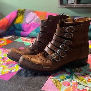 John Fluevog Brown Leather Buckle Boots